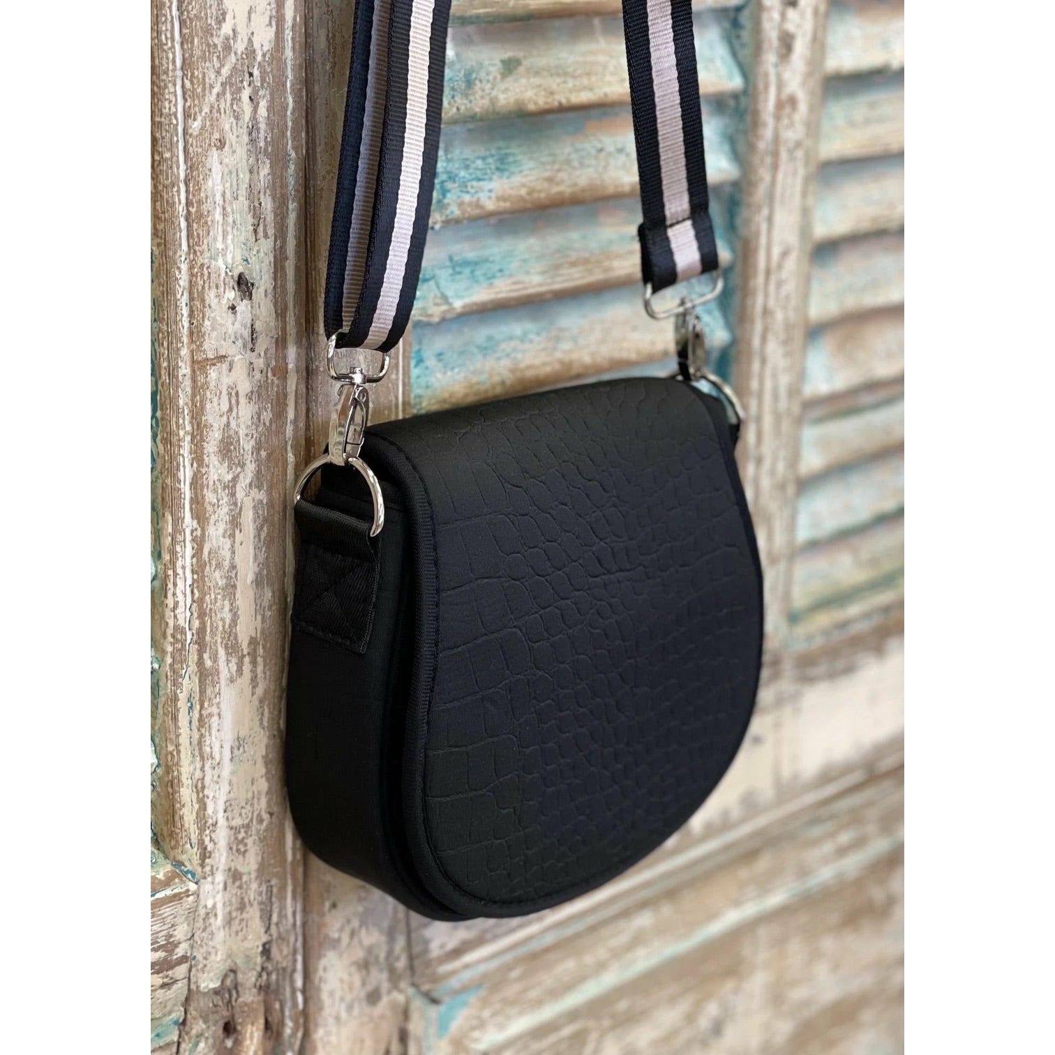 Black Croc-embossed Saddle Shoulder/Crossbody Bag
