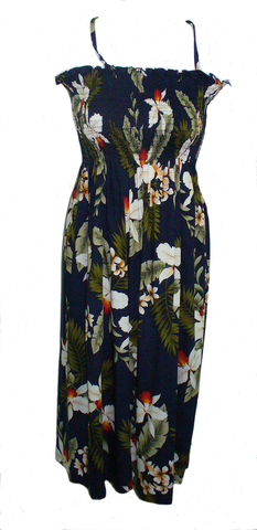 Two Palms Orchid Navy Elastic Tube Top Hawaiian Dress