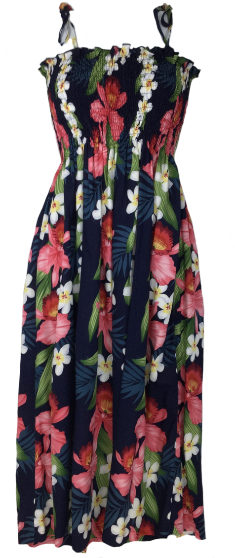 Two Palms Plumeria Orchid Panel Navy Elastic Tube Top Hawaiian Dress