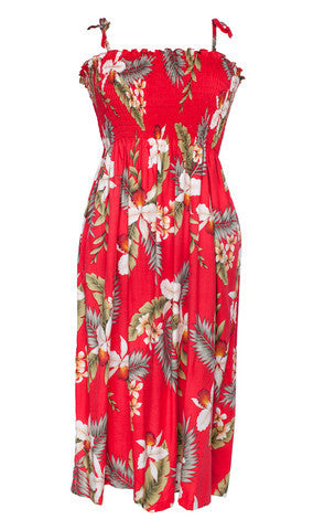 Two Palms Orchid Red Elastic Tube Top Hawaiian Dress
