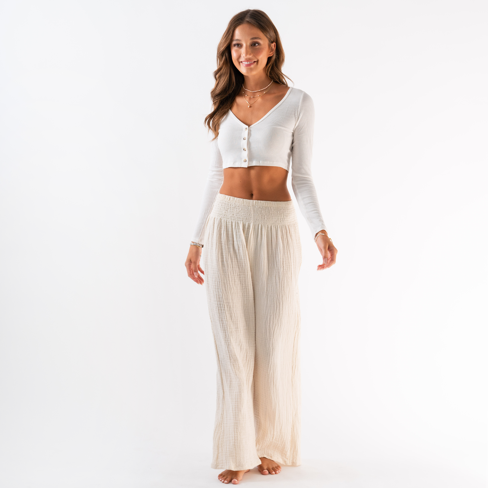 Cream Wide Leg Cotton Pants