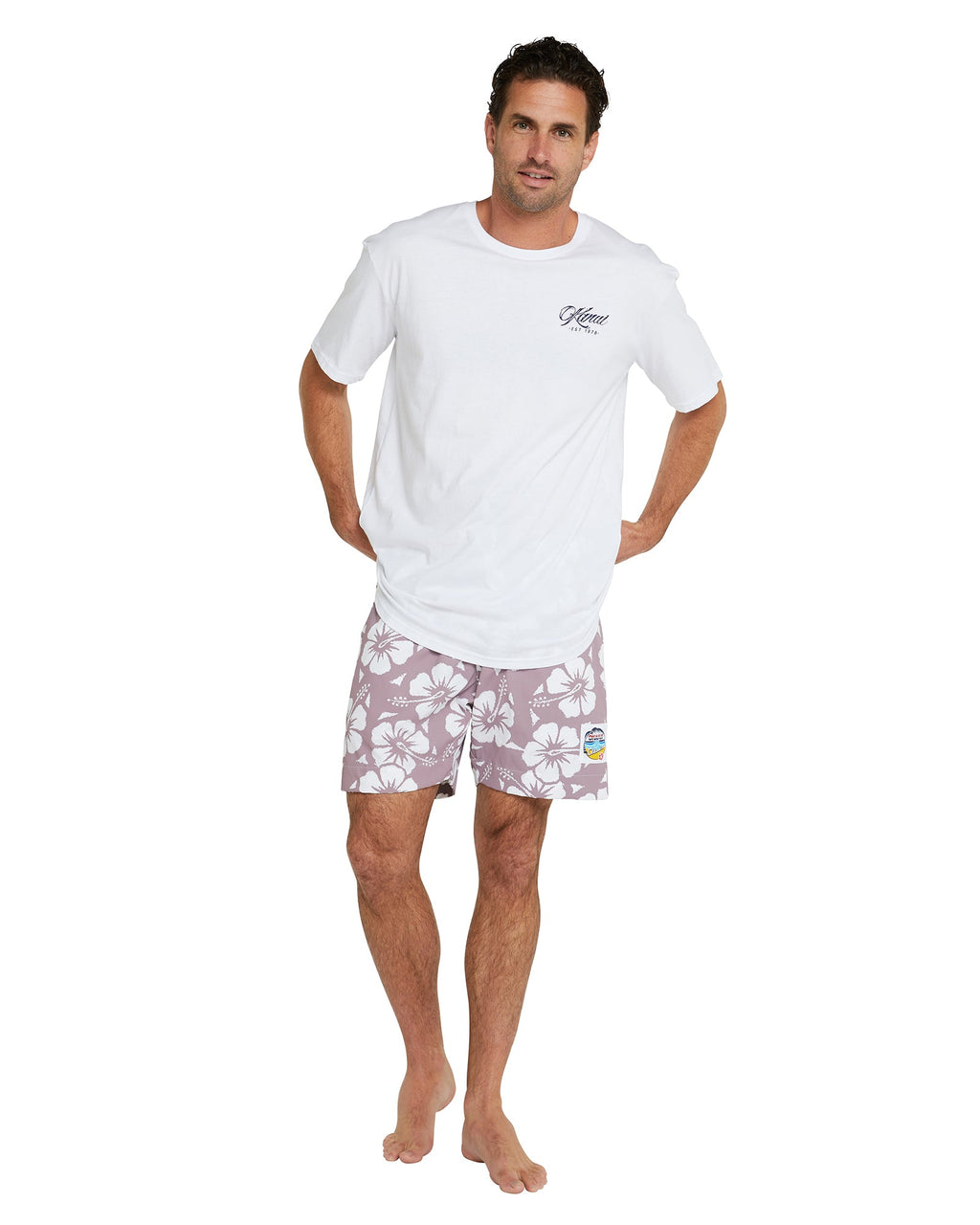 Okanui Mens Classic Short Shorts Hibiscus Grape Australian Made