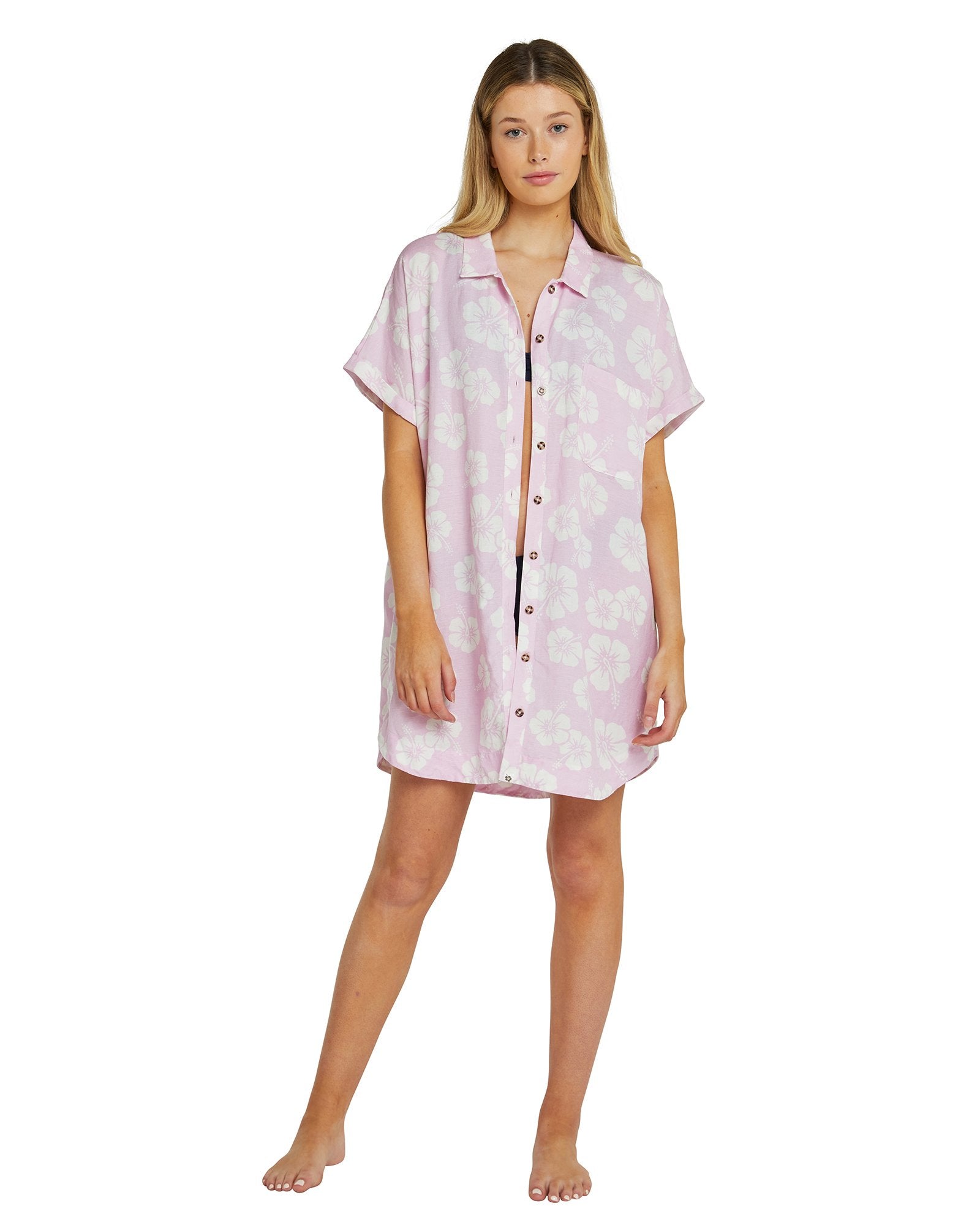 Womens - Dress - Shirt Dress - Hibiscus Dusty Pink