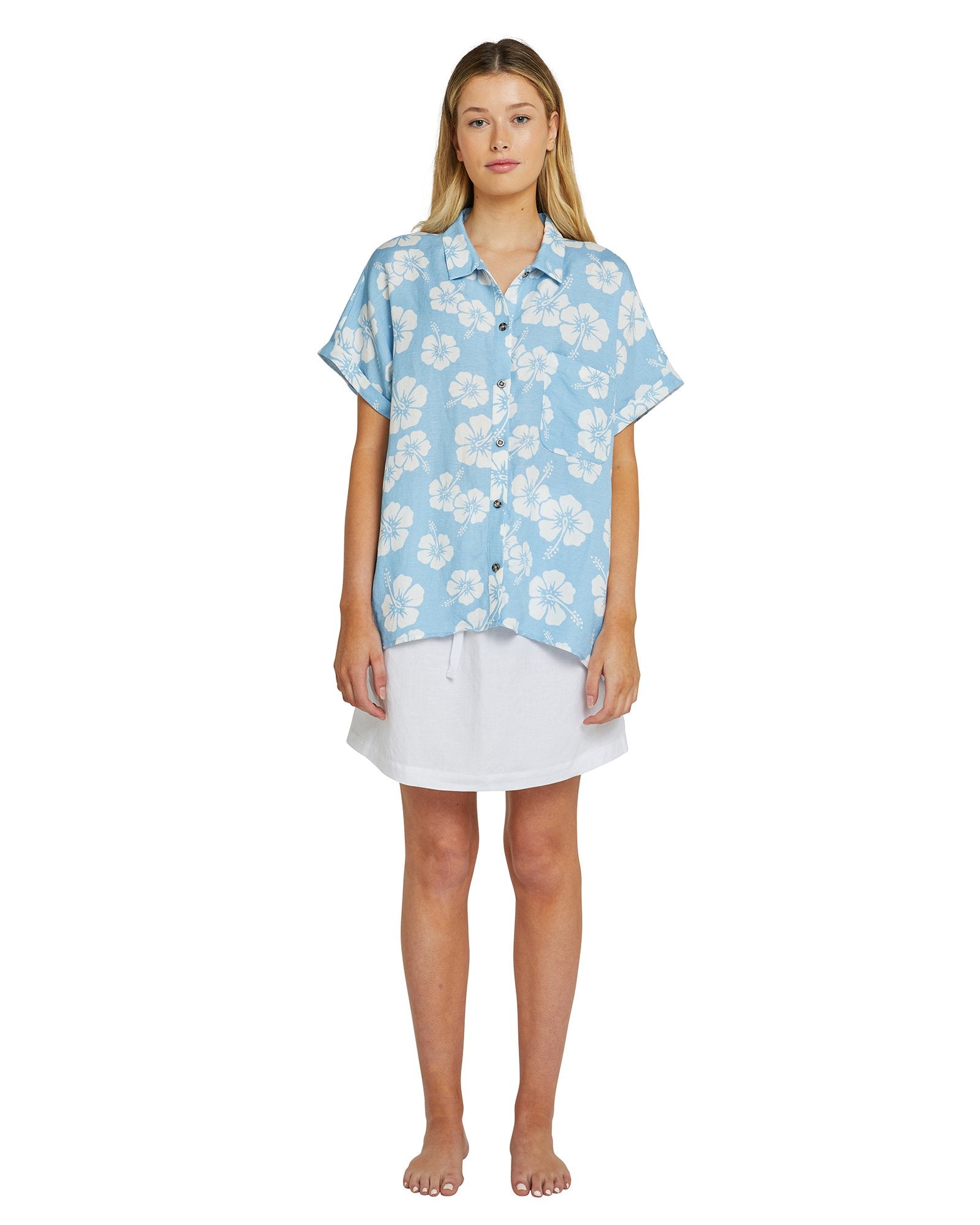 Womens - Short Sleeve Shirt - Hibiscus Sky Blue
