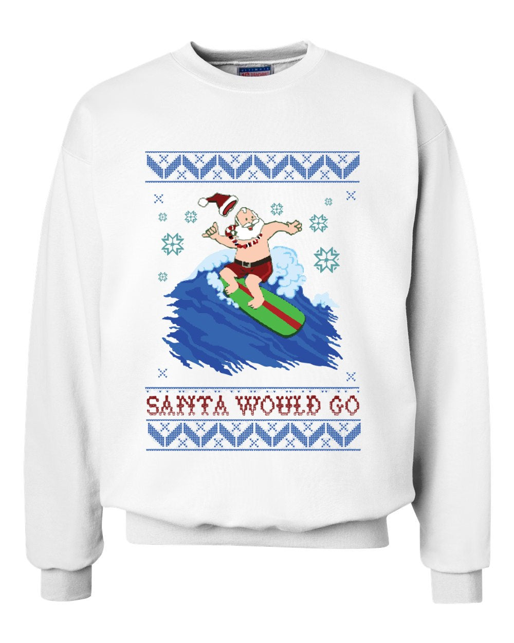 BORD Apparel Santa Surfing Ugly Christmas Sweatshirt White